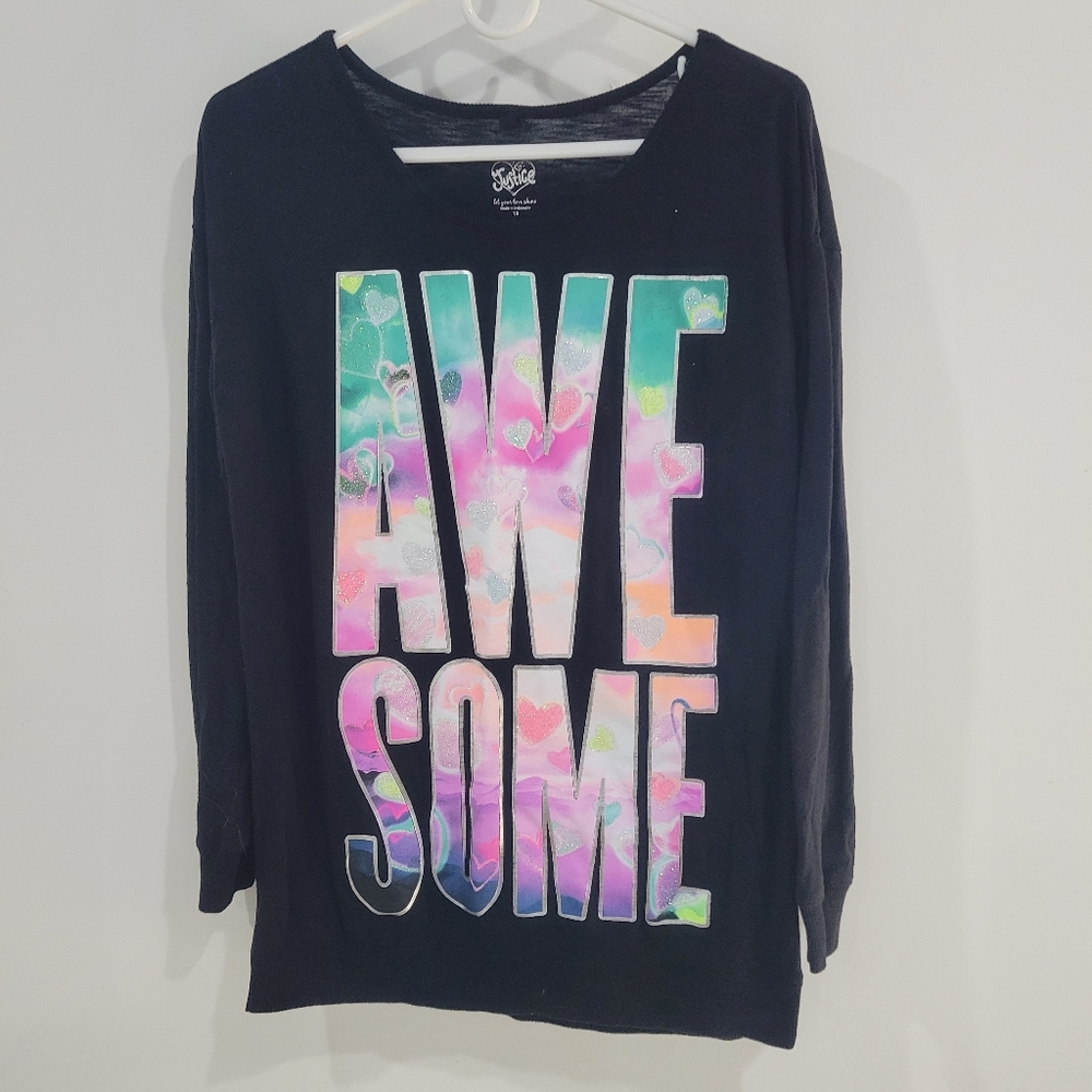 Justice Black Long Sleeve Shirt with Colorful "Awesome" Graphic / Size 18
